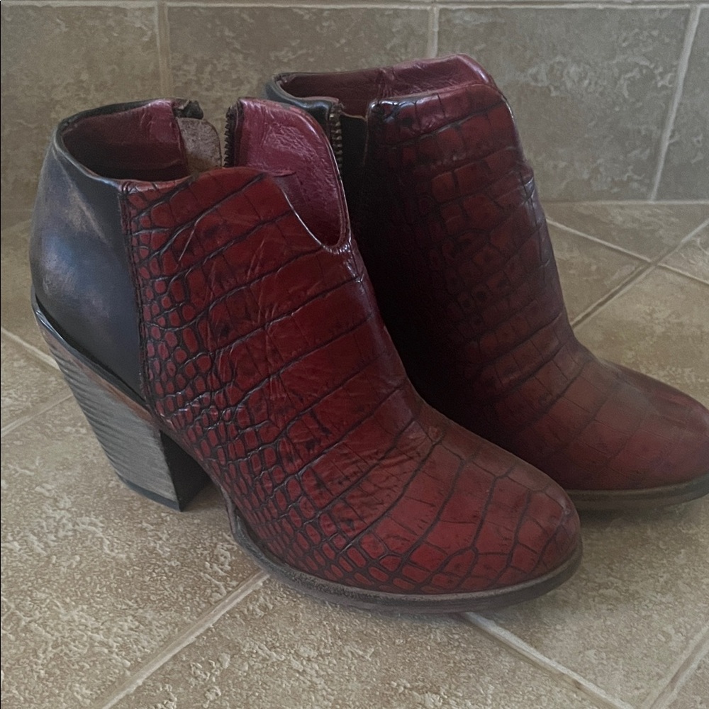 Freebird Red and Black Croc-Embossed Ankle Boots